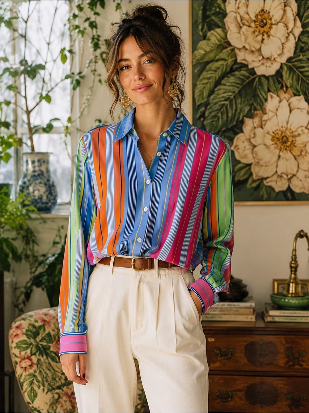 VINTAGE 90s 100% Silk Lauren Ralph Lauren  6P Stripe Long Button Blouse #1076CL